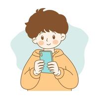 Cute Boy Cartoon Character Wearing Jacket Playing Gadget with Smile Expression vector