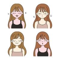 Collection of Long Haired Beautiful Girl Cartoon Character with Smiling Expression vector
