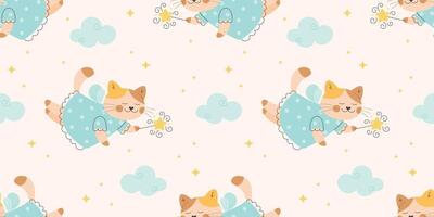 Fairy tale cat with a magic wand seamless pattern vector