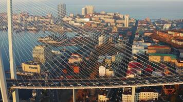 Drone view of the impressive cable-stayed Golden bridge at sunrise video