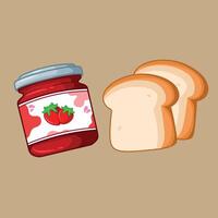 Strawberry jam in a jar and slices of bread illustration vector