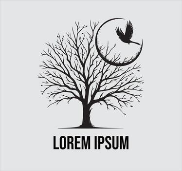 A tree with a bird flying over it and a moon on the background vector