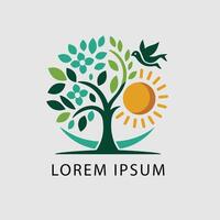 Tree with bird and sun logo design vector
