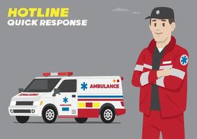 medical service man with work hat and red jacket and side promotion campaign standing in front of car with call number for quick response call vector
