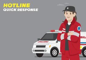 medical service woman with work hat and red jacket and side promotion campaign standing in front of car with call number for quick response call vector