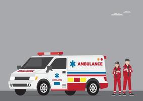 medical service man and woman with hat and red work jacket and side promotion campaign standing in front of car with call number for quick response call vector