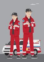 medical service man and woman with hat and red work jacket and side promotion campaign standing with call number for quick response call vector