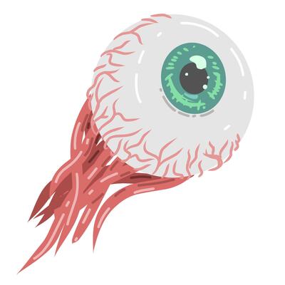 human eyeball with prominent green iris and dilated pupil. The eyes are depicted with radiating red muscle fibers or veins. relevant to themes of vision, biology, horror or abstract art.