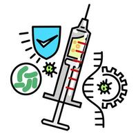 A vaccine syringe for protection or immunity. There are RNA virus and bacteria icons symbolizing gene engineering in bacteria for vaccination related to biotechnology and medical technology vector