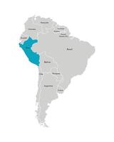 illustration with simplified map of South America continent with blue contour of Peru. Grey silhouettes, white outline of states border. vector