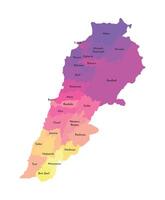 isolated illustration of simplified administrative map of Lebanon. Borders and names of the districts. Multi colored silhouettes. vector
