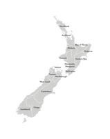 isolated illustration of simplified administrative map of New Zealand. Borders and names of the regions. Grey silhouettes. White outline vector