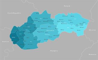 modern illustration. Simplified administrative map of Slovakia. Border with nearest states as Hungary, Poland and etc. Names of cities and regions vector