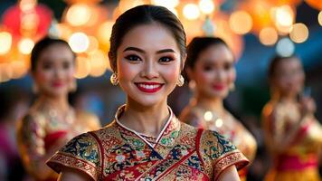 Asian women in traditional attire celebrate a festive event with colorful lanterns in the background Concepts and holidays, cultural diversity, Chinese New Year video