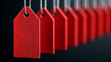 A row of red sale tags hanging against a dark background, symbolizing discounts and Black Friday video