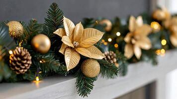Elegant gold and green Christmas garland with pinecones and flowers, symbolizing festive holiday decor video