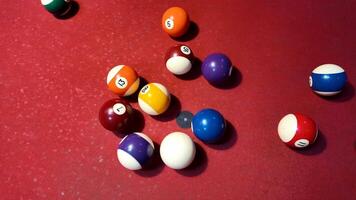 Colorful billiard balls scattered on a red pool table, symbolizing leisure and social gatherings video