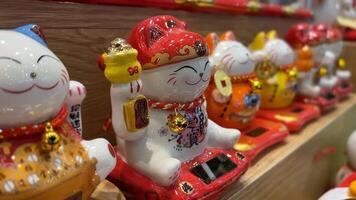 Rows of colorful Maneki neko figurines, symbolizing luck and prosperity, popular in Asian cultures video