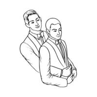 portrait of two men hugging in big and little spoon pose, gays, grooms, wedding, lovers - hand drawn line sketch vector