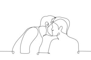 man leaned over a seated man and whispers in his ear or kisses his cheek greeting or congratulating - one line drawing . concept of gossip spreading or homosexual men flirting, queerbaiting vector