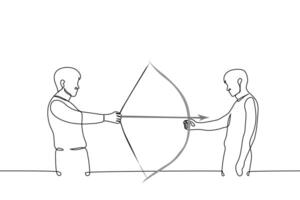 man aiming an arrow at another who is holding his bow - one line drawing . concept or metaphor for trust, love, danger, relationship vector
