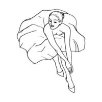 smiling woman in a dress with a fluffy hem sits with her arms outstretched and resting them on her legs, top view - hand drawn line sketch vector