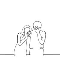 man crying and woman leaning against him comforting - one line drawing . concept mourn grief or misfortune, moral support of loved ones vector