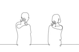 man and women stand with their hands forward in protest - one line drawing . concept call to stop vector