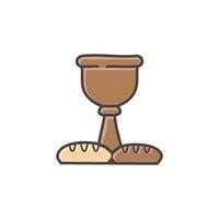 A rustic wooden chalice placed on a stone slab with bread beside it, symbolizing the Last Supper. vector