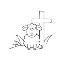 A peaceful lamb, outlined in clean, simple lines, sitting in a grassy field with a wooden cross standing beside it. vector