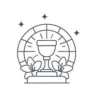 A bronze chalice resting on a stone altar surrounded by small, white lilies. Sunlight streams through stained glass windows in the background vector