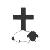 A peaceful lamb, outlined in clean, simple lines, sitting in a grassy field with a wooden cross standing beside it. vector