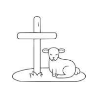 A peaceful lamb, outlined in clean, simple lines, sitting in a grassy field with a wooden cross standing beside it. vector