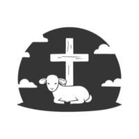 A peaceful lamb, outlined in clean, simple lines, sitting in a grassy field with a wooden cross standing beside it. vector