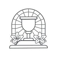 A bronze chalice resting on a stone altar surrounded by small, white lilies. Sunlight streams through stained glass windows in the background vector