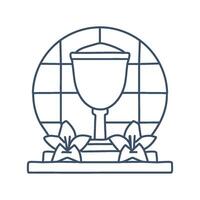 A bronze chalice resting on a stone altar surrounded by small, white lilies. Sunlight streams through stained glass windows in the background vector