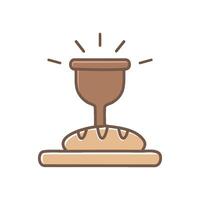A rustic wooden chalice placed on a stone slab with bread beside it, symbolizing the Last Supper. vector