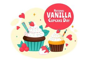 Tasty Vanilla Cupcake Day Illustration in Flat Style with Strawberry Toppings vector