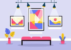 Illustration of a Modern Art Museum with Visitors Viewing Abstract Exhibits in a Flat Background vector