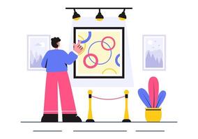 Illustration of Museum Gallery with Visitors Observing Contemporary Art in a Flat Style Background vector
