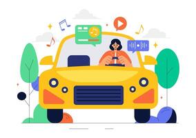 Car Audio System Design with Musical Elements and Loudspeakers in a Cartoon Style Background vector