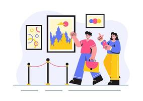 Museum Gallery Illustration Featuring Visitors Enjoying Modern Art Exhibits in a Flat Background vector