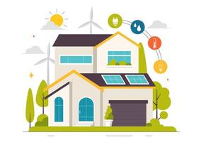 Illustration of a Smart Home with Energy-Efficient Solutions in Flat Cartoon Style vector