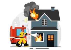 Firefighter Team Illustration with House and Forest Firefighting in Flat Style Background vector