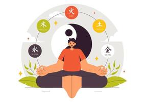 Feng Shui Balance Illustration with Yin Yang Circles, Five Elements, and Positive Energy vector