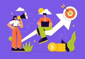 Business Achievement Illustration with a Character Conquering Challenges on a Climbing Graph in Flat Cartoon Style vector