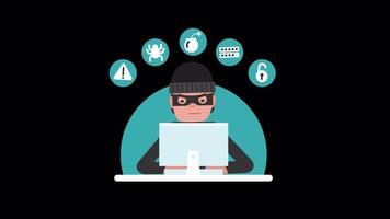 hacker com computador portátil computador roubando senhas e quebra dentro confidencial dados em alfa canal 2d desenho animado animação video