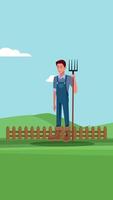 Farmer Standing In Field With Tool In Hand On Vertical 2D Cartoon Animation video