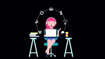 Office Operator With Headset Talking With Clients On Alpha Channel 2D Cartoon Animation video