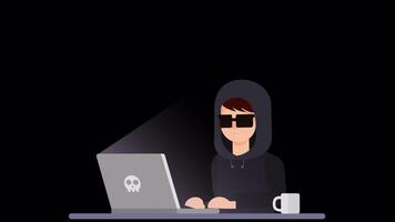 Hacker With Laptop Computer Stealing Passwords And Breaking In Confidential Data On Alpha Channel 2D Cartoon Animation video